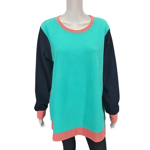 Lands End Heavy Cotton Sweatshirt 1X Plus Size Teal Colorblock Pullover Top - Picture 1 of 11